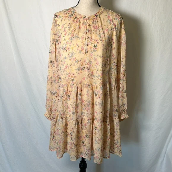 A.N.A New Apparel Size Large Long Sleeve Dress Slip Metallic Floral Buttons Pink - Picture 1 of 16